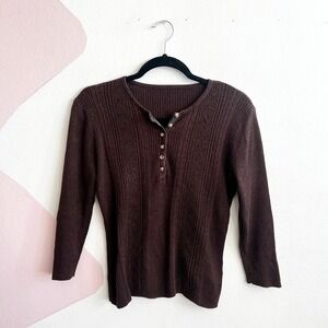 Gap Brown Ribbed Henley Knit Top Women's Medium‎ Minimalist Y2K 2000s Brown